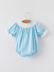 Girls Easter Bunny Smocking Embroidered Lace Cuff Blue Romper