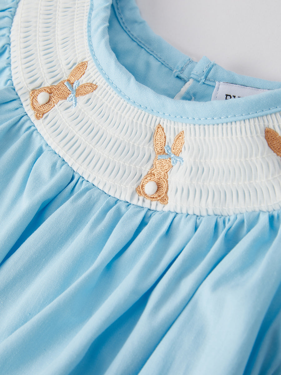 Girls Easter Bunny Smocking Embroidered Lace Cuff Blue Romper