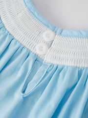 Girls Easter Bunny Smocking Embroidered Lace Cuff Blue Romper