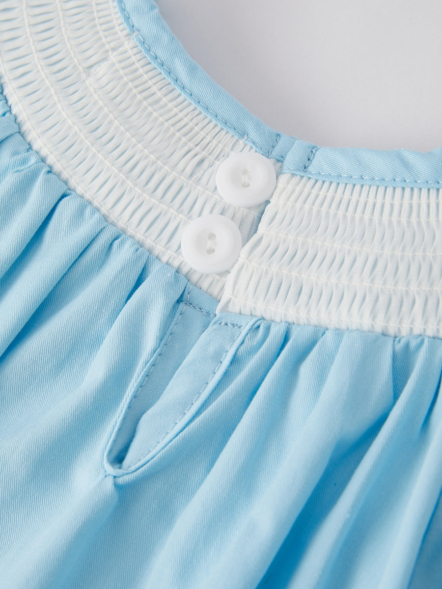 Girls Easter Bunny Smocking Embroidered Lace Cuff Blue Romper