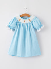 Girls Easter Bunny Smocking Embroidered Lace Cuff Blue Dress