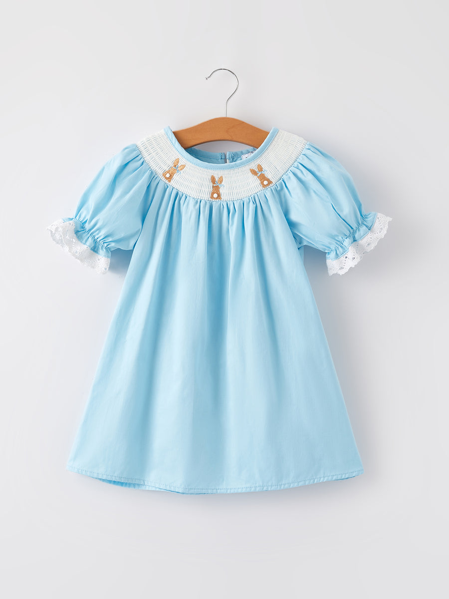 Girls Easter Bunny Smocking Embroidered Lace Cuff Blue Dress