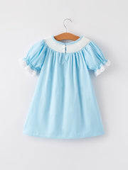 Girls Easter Bunny Smocking Embroidered Lace Cuff Blue Dress