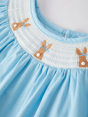 Girls Easter Bunny Smocking Embroidered Lace Cuff Blue Dress