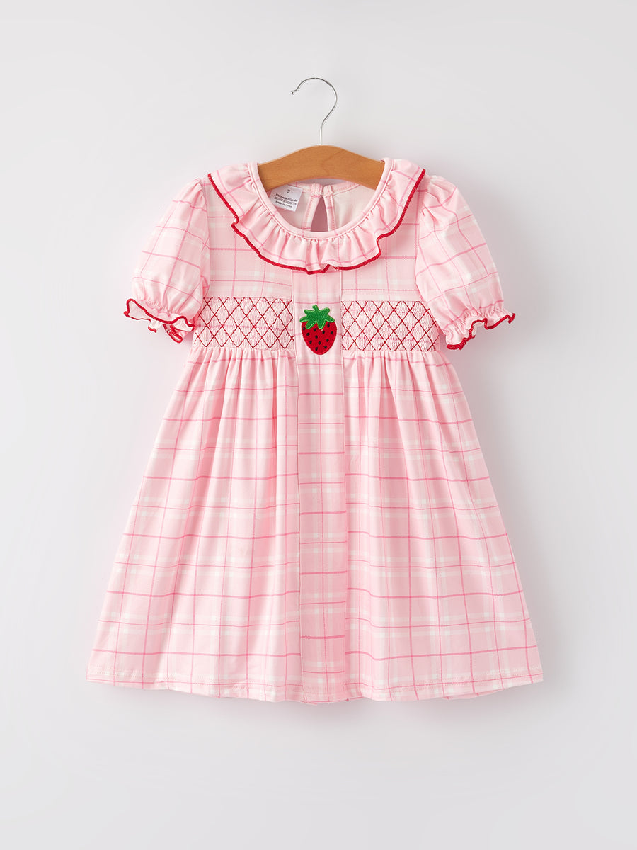 Strawberry Applique Girls Pink Plaid Dress