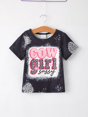 Four piece Baby Girl Leopard Letter Bleached Short Sleeve T-shirt Top Set