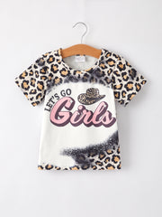 Four piece Baby Girl Leopard Letter Bleached Short Sleeve T-shirt Top Set