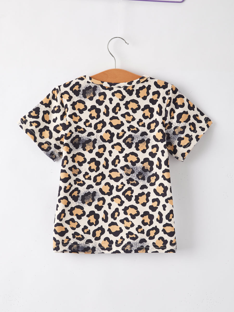 Four piece Baby Girl Leopard Letter Bleached Short Sleeve T-shirt Top Set