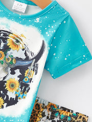 Western Sunflower Cow Skull Girls Outfit Set Flare Leggings