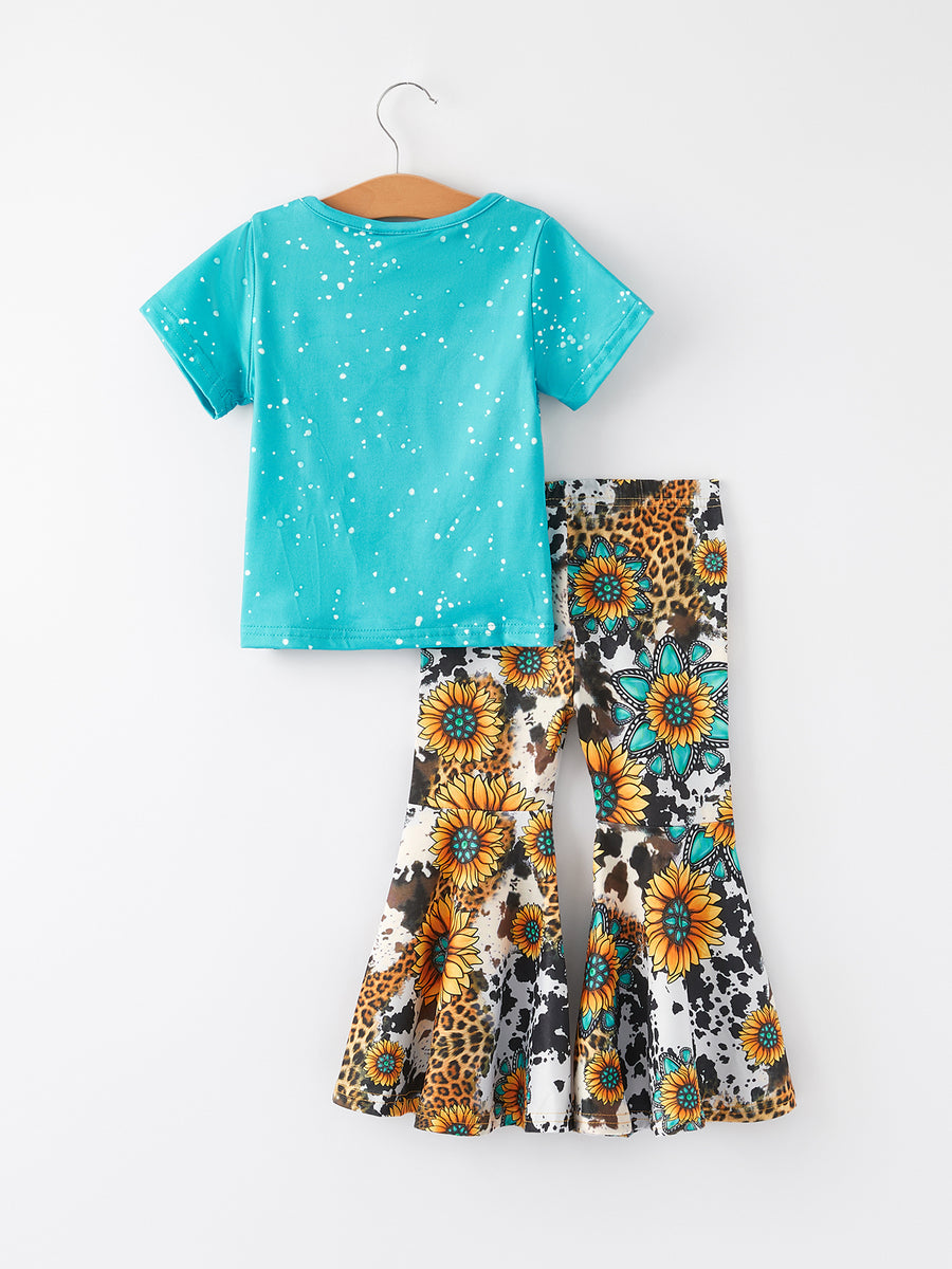 Western Sunflower Cow Skull Girls Outfit Set Flare Leggings
