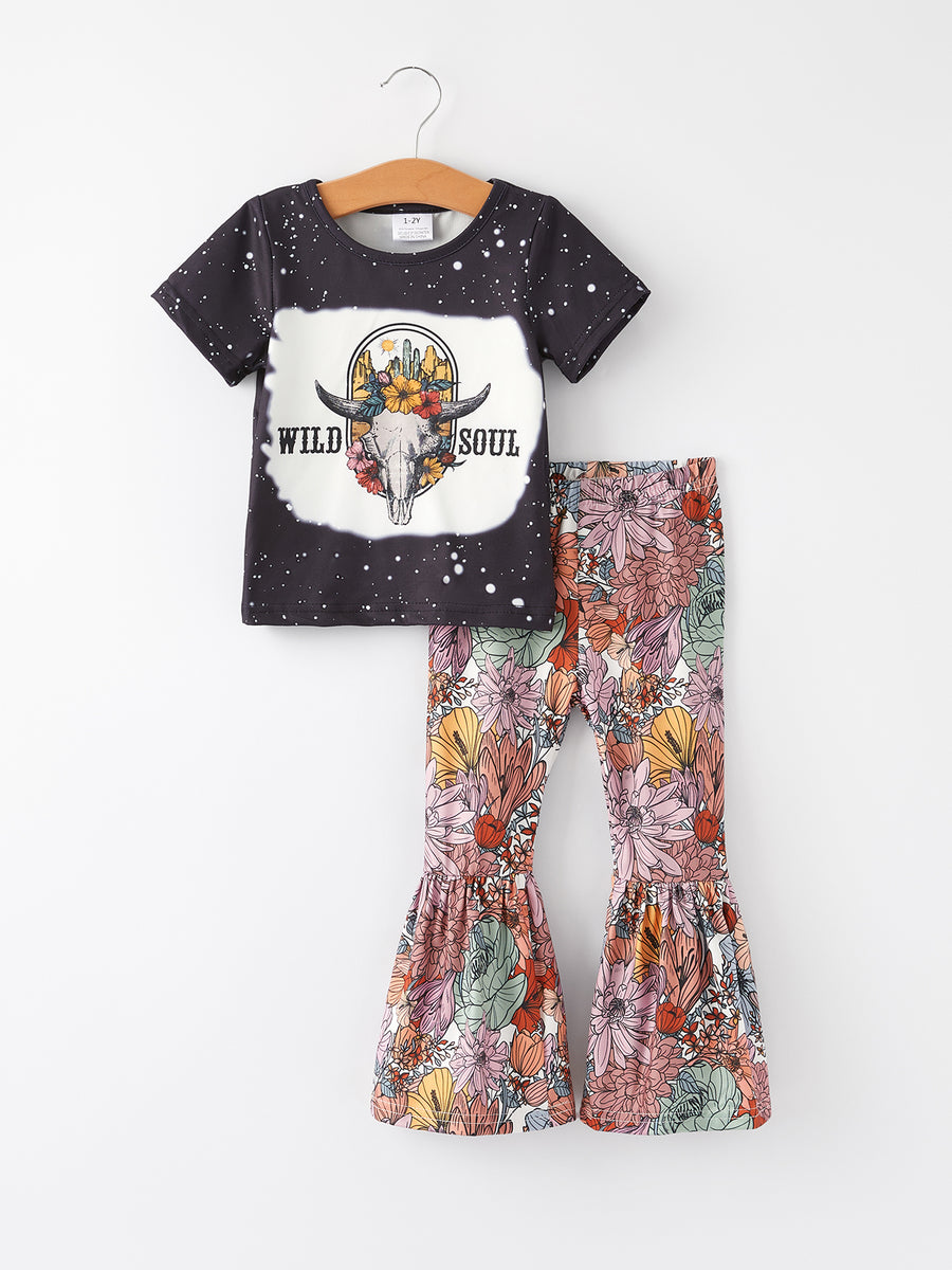 Western Wild Soul Cow Skull Floral Girls Outfit Set Flare Leggings