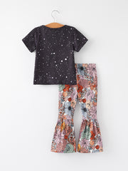 Western Wild Soul Cow Skull Floral Girls Outfit Set Flare Leggings