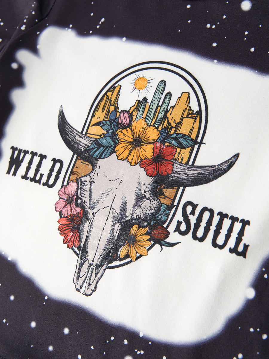 Western Wild Soul Cow Skull Floral Girls Outfit Set Flare Leggings