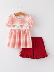 Girls Cotton Baseball Bow Smocking Embroidery Plaid Set