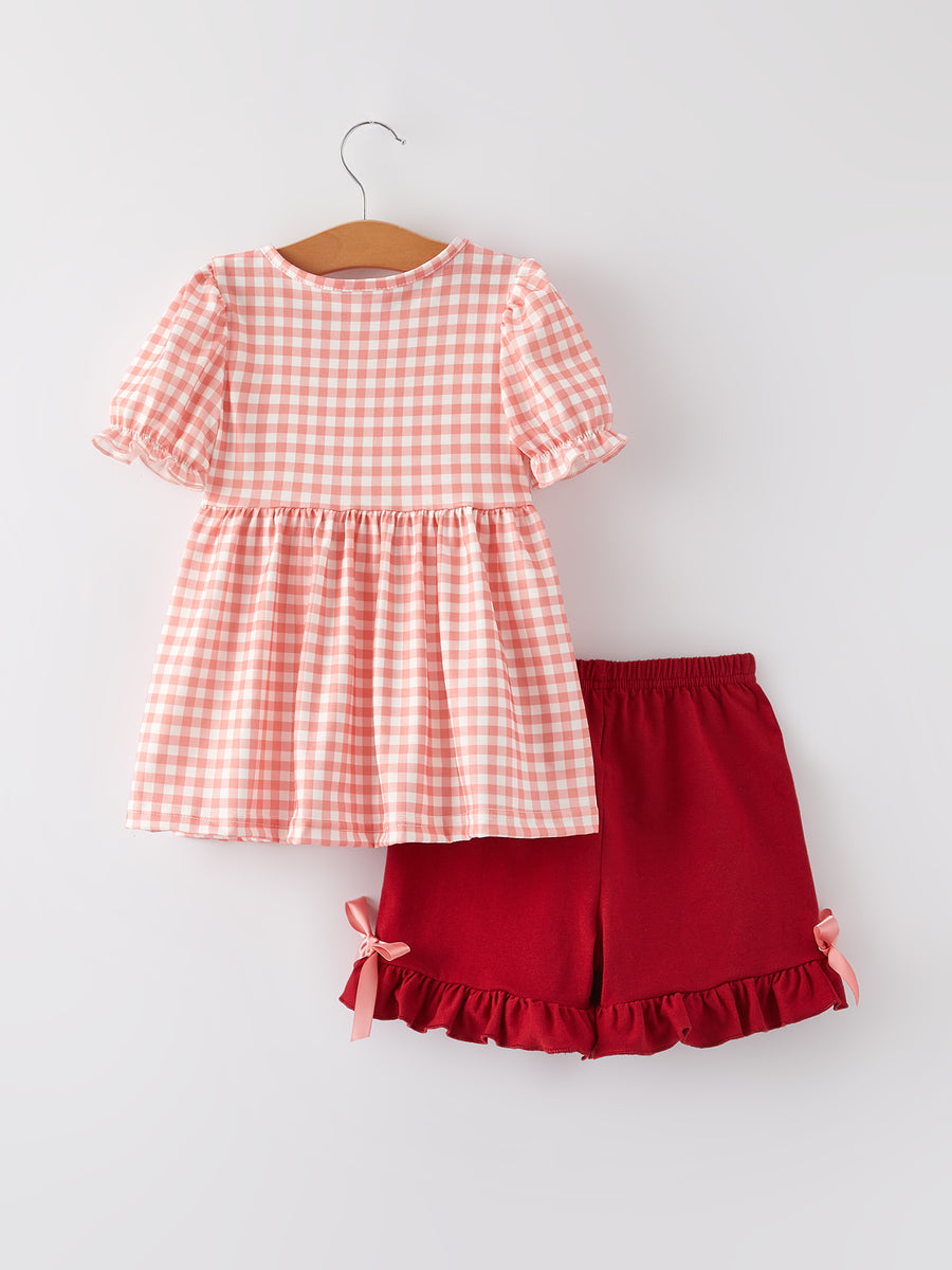 Girls Cotton Baseball Bow Smocking Embroidery Plaid Set