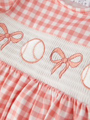 Girls Cotton Baseball Bow Smocking Embroidery Plaid Set