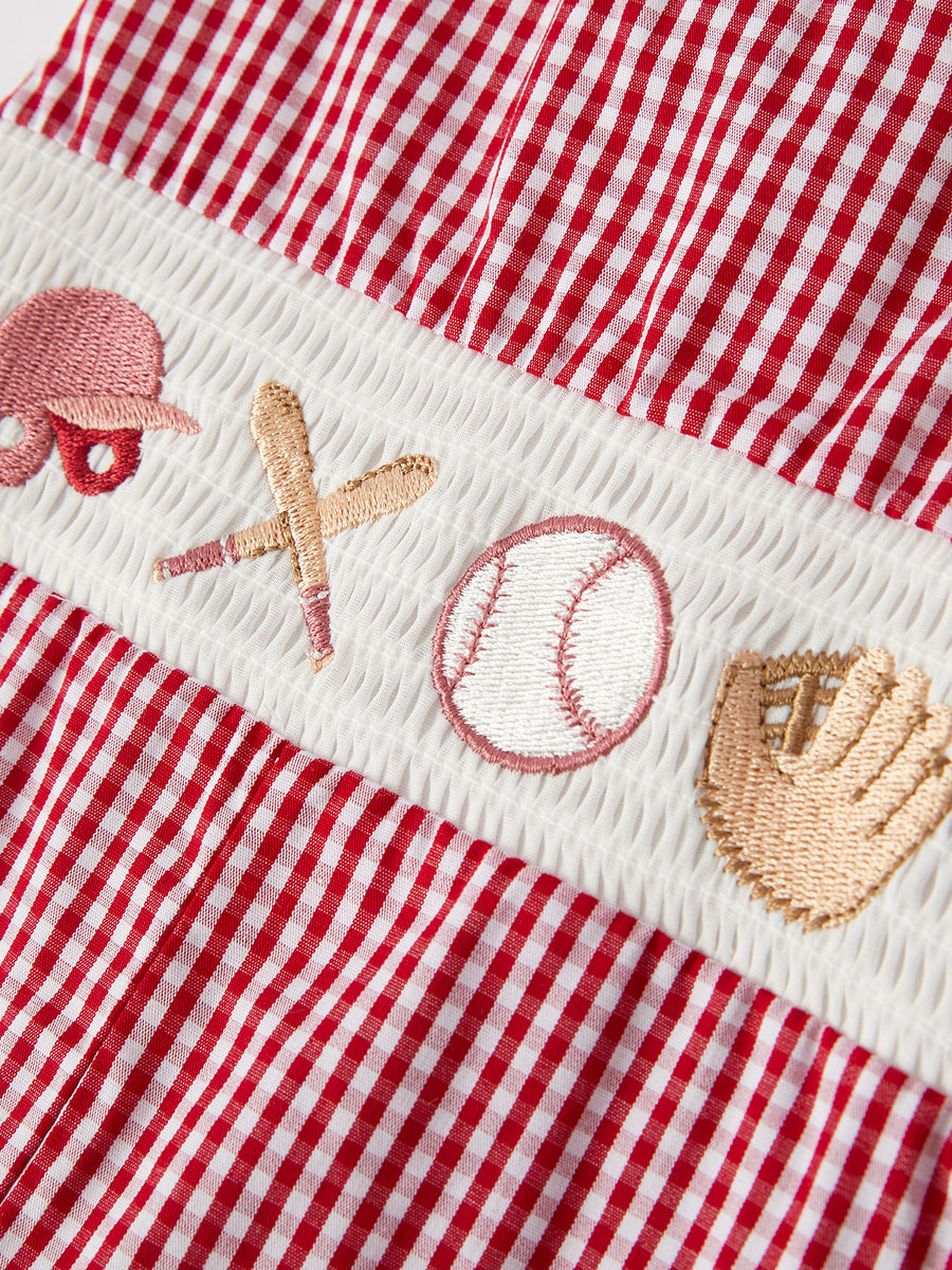 Baseball Baby Boys Smocking Embroidered Plaid Romper