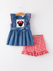 Cartoon Applique Top + Plaid Shorts Girls Set