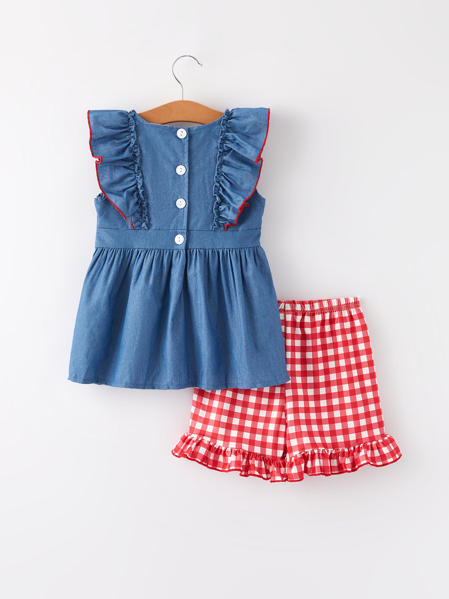 Cartoon Applique Top + Plaid Shorts Girls Set