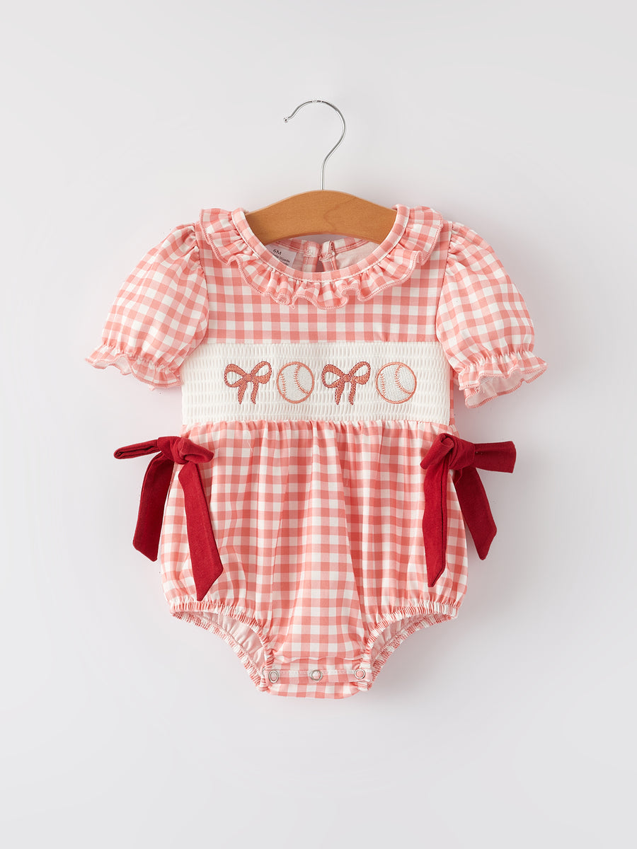 Girls Baseball Bow Smocking Embroidery Plaid Romper