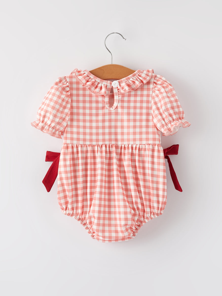 Girls Baseball Bow Smocking Embroidery Plaid Romper