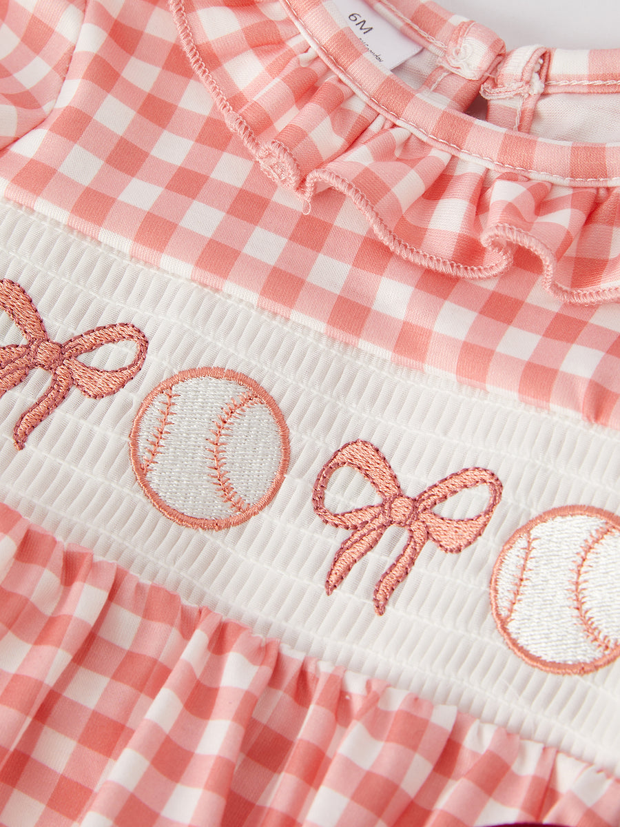 Girls Baseball Bow Smocking Embroidery Plaid Romper