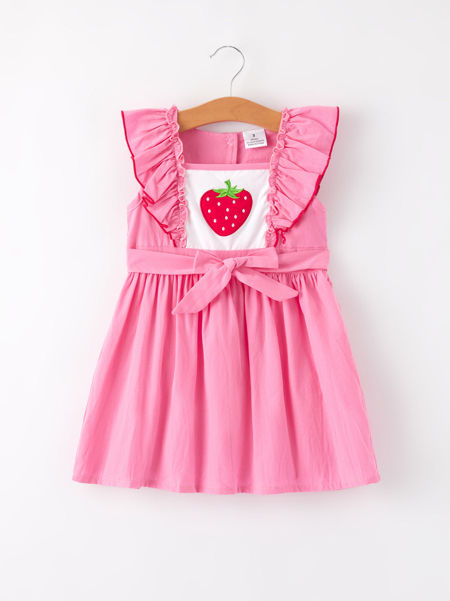 Girls' Strawberry Applique Flying Sleeve Dress