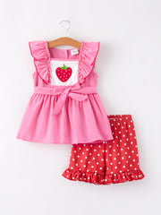 Strawberry Applique Top + Polka Dot Shorts Girls Set