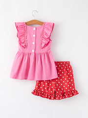 Strawberry Applique Top + Polka Dot Shorts Girls Set