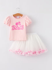 Letter Printed Top + Tulle Skirt Girls Set