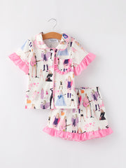 Pink TS Lapel Button Short Sleeve Shorts Ruffle Pajama Set