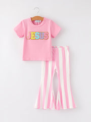 "JESUS"Girls' Applique Striped Trousers Set