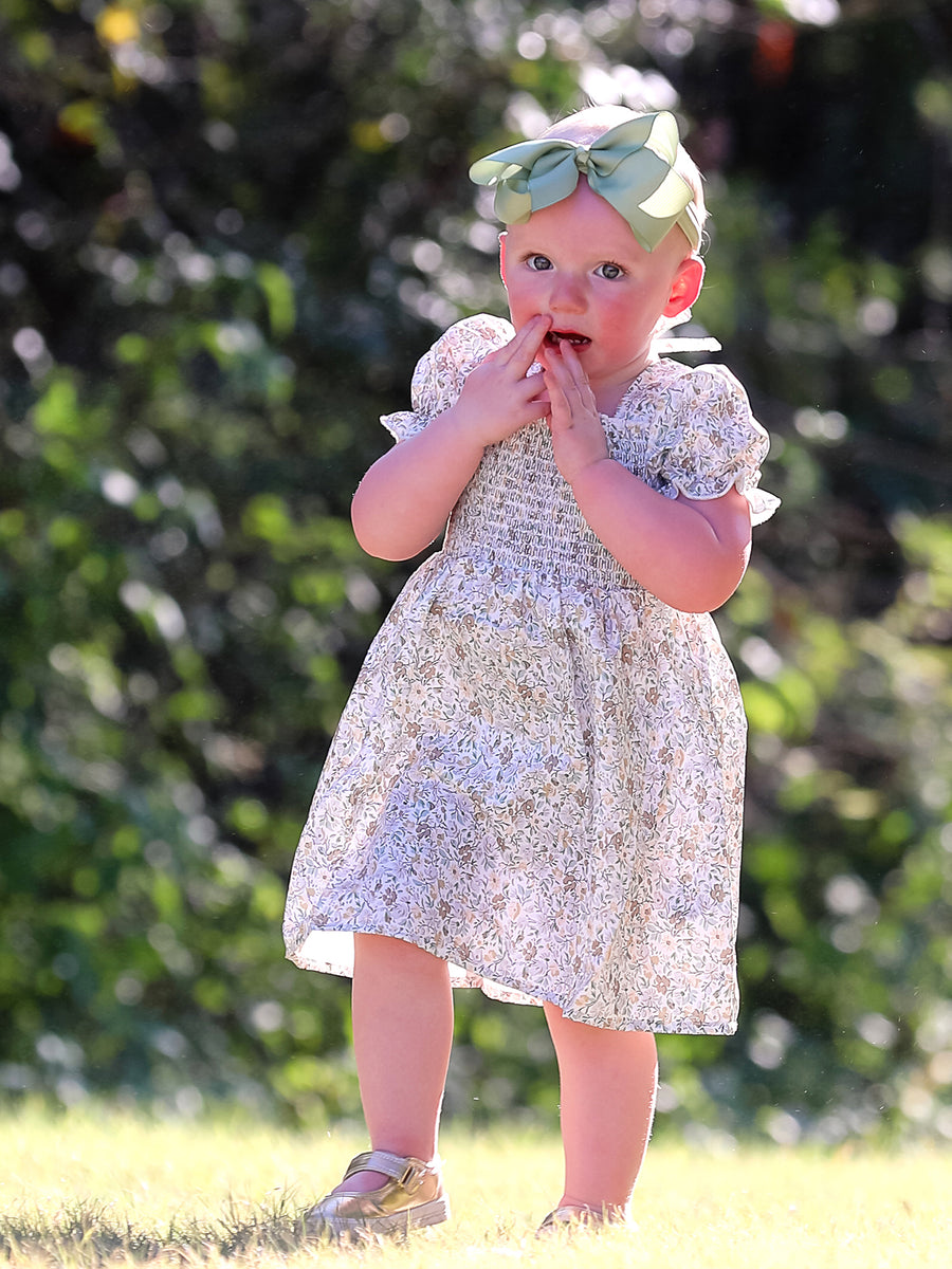 Smocking Floral Print Short Sleeve Dress