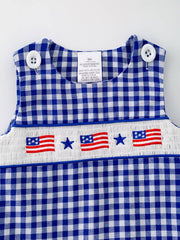 4th of july USA Embroidered Smocking Blue White Plaid Baby Boys Romper