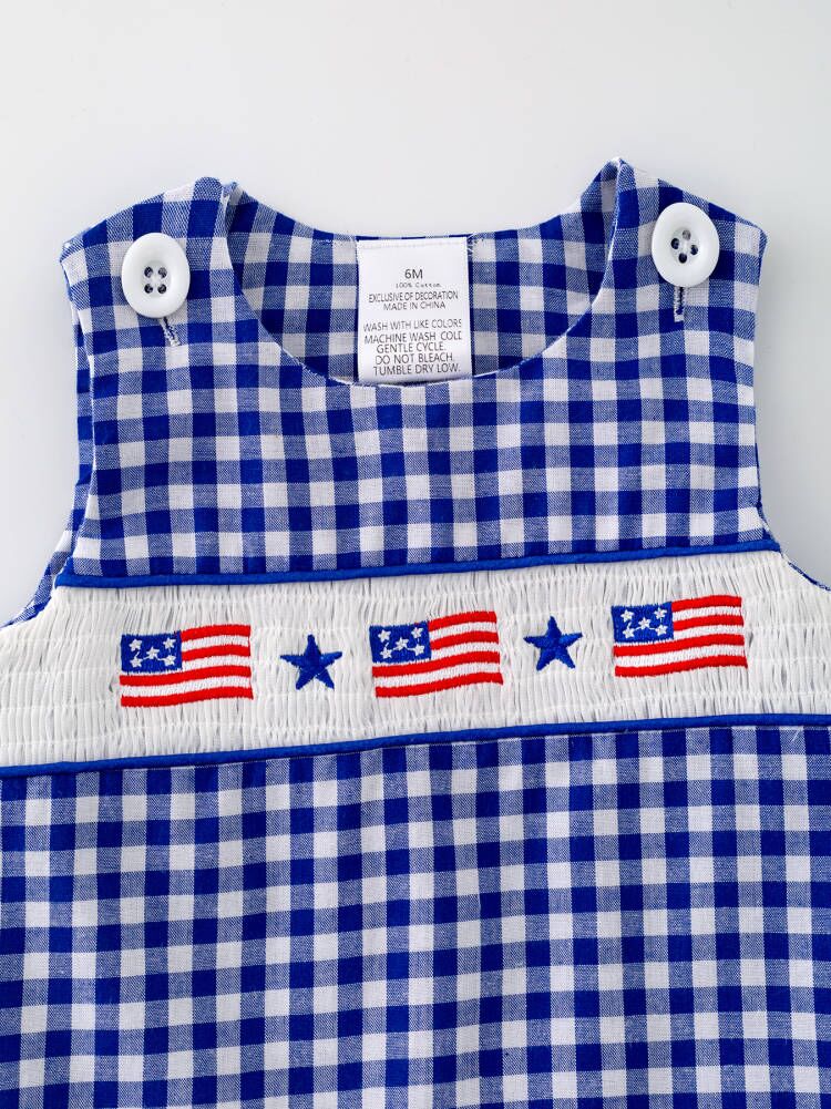 4th of july USA Embroidered Smocking Blue White Plaid Baby Boys Romper