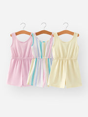 Three-Piece Girls' Striped Solid Color Jumpsuits Set