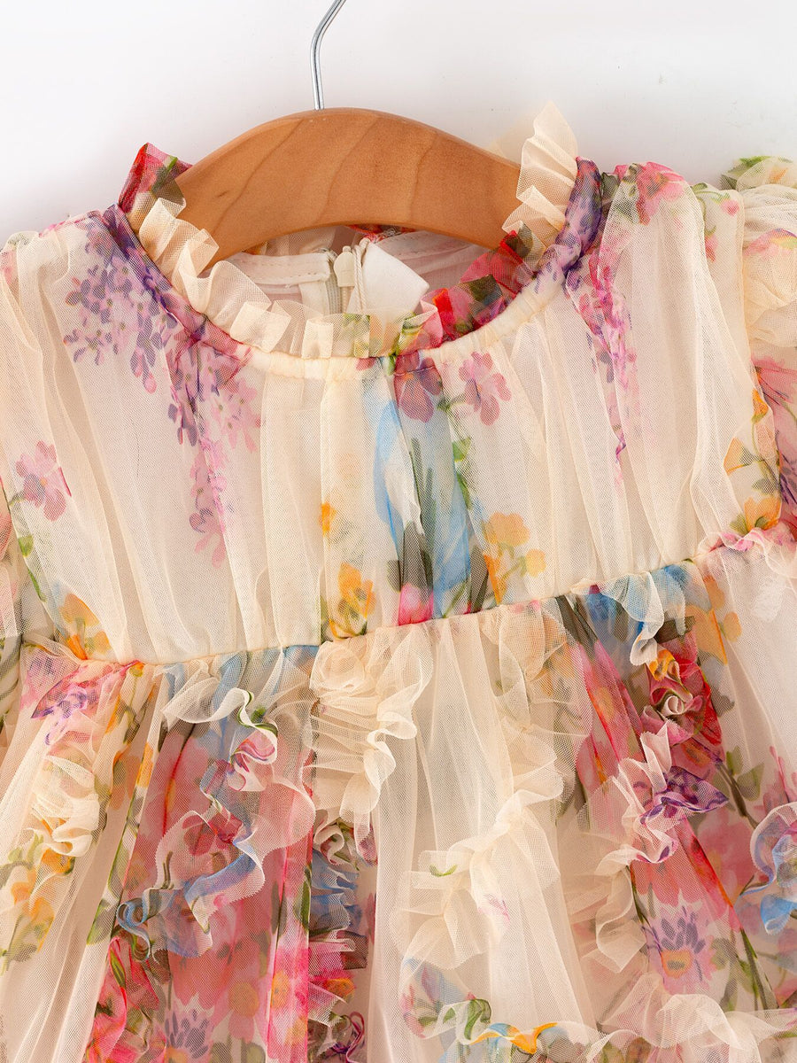 Pastel Flower Ruffle Layered Girls Dress 7