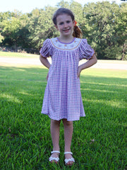 Halloween Girls Purple Smocking Ghost Bow Embroidery Plaid Dress