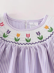 Girls Striped Short Sleeve Embroidered Dress