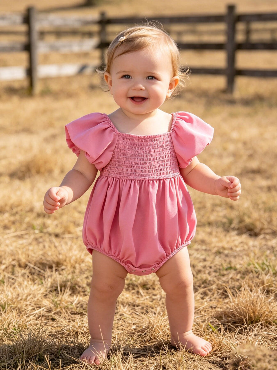Mommy and Me Pink Smocked Puff Sleeve Romper