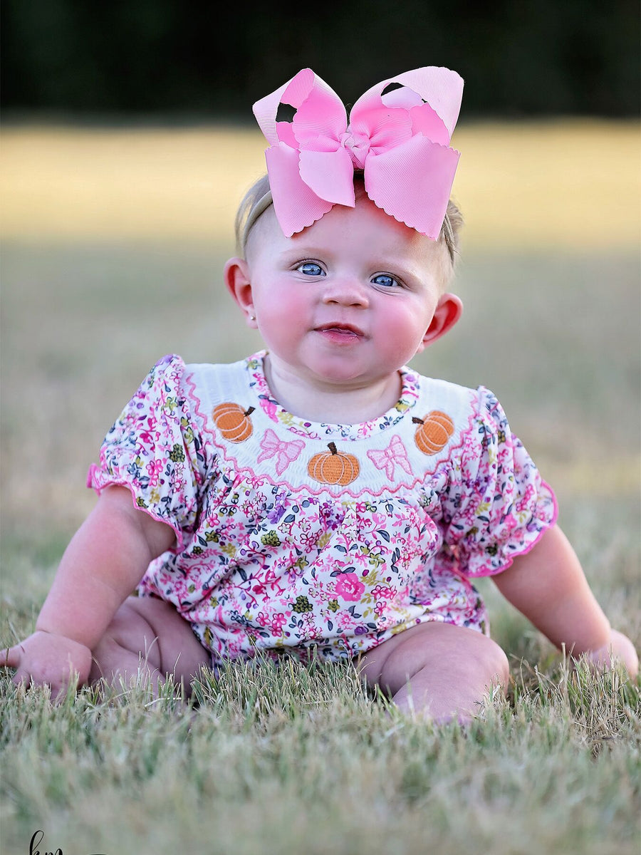 Halloween Girls Pumpkin Smocking Embroidered Romper