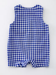 4th of july USA Embroidered Smocking Blue White Plaid Baby Boys Romper