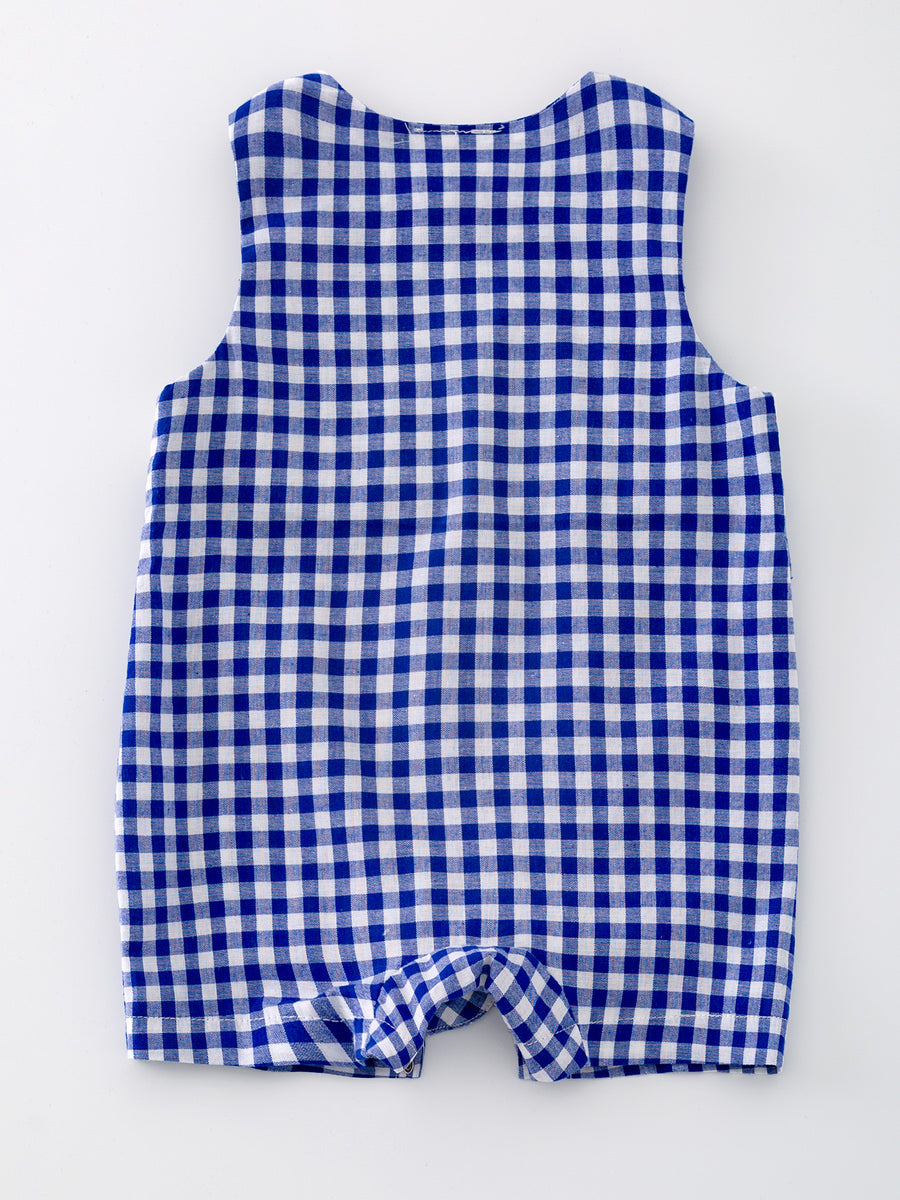 4th of july USA Embroidered Smocking Blue White Plaid Baby Boys Romper