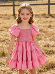 Mommy and Me Summer Pink Girls Dress Smocked Puff Sleeve Ruffle