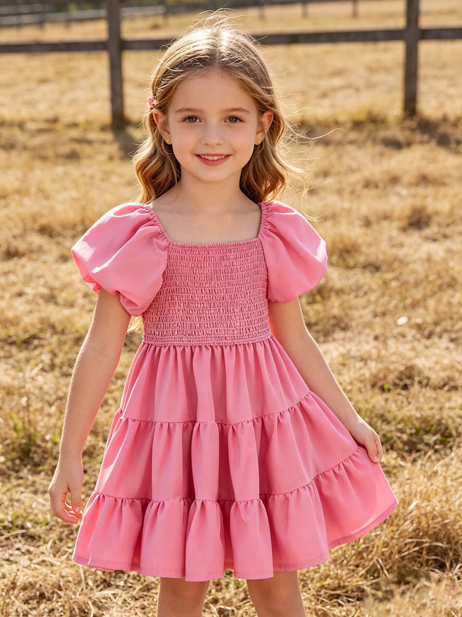 Mommy and Me Summer Pink Girls Dress Smocked Puff Sleeve Ruffle