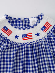 4th of july USA Embroidered Smocking Blue White Plaid Girls' Dress