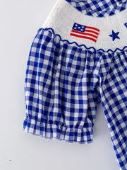 4th of july USA Embroidered Smocking Blue White Plaid Girls' Dress