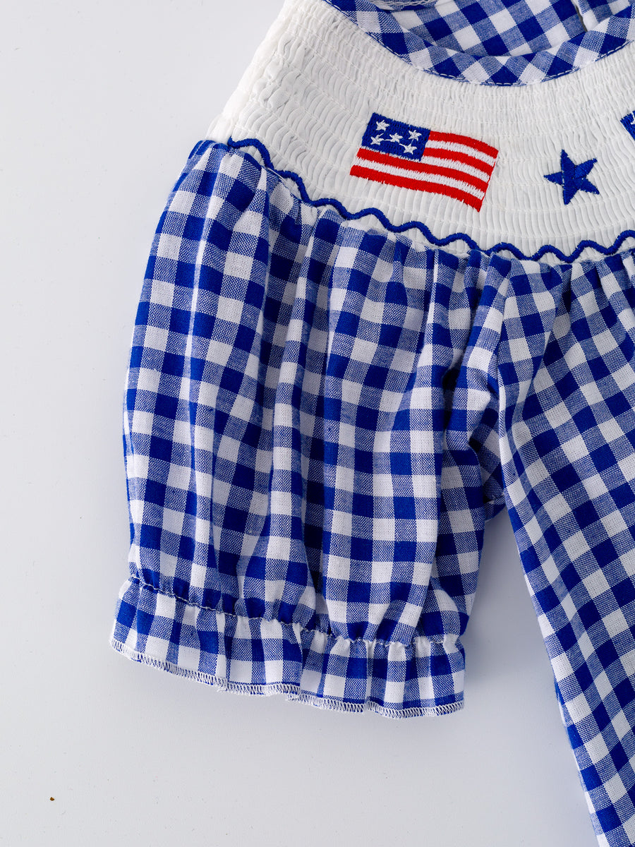 4th of july USA Embroidered Smocking Blue White Plaid Girls' Dress
