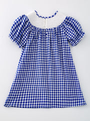 4th of july USA Embroidered Smocking Blue White Plaid Girls' Dress