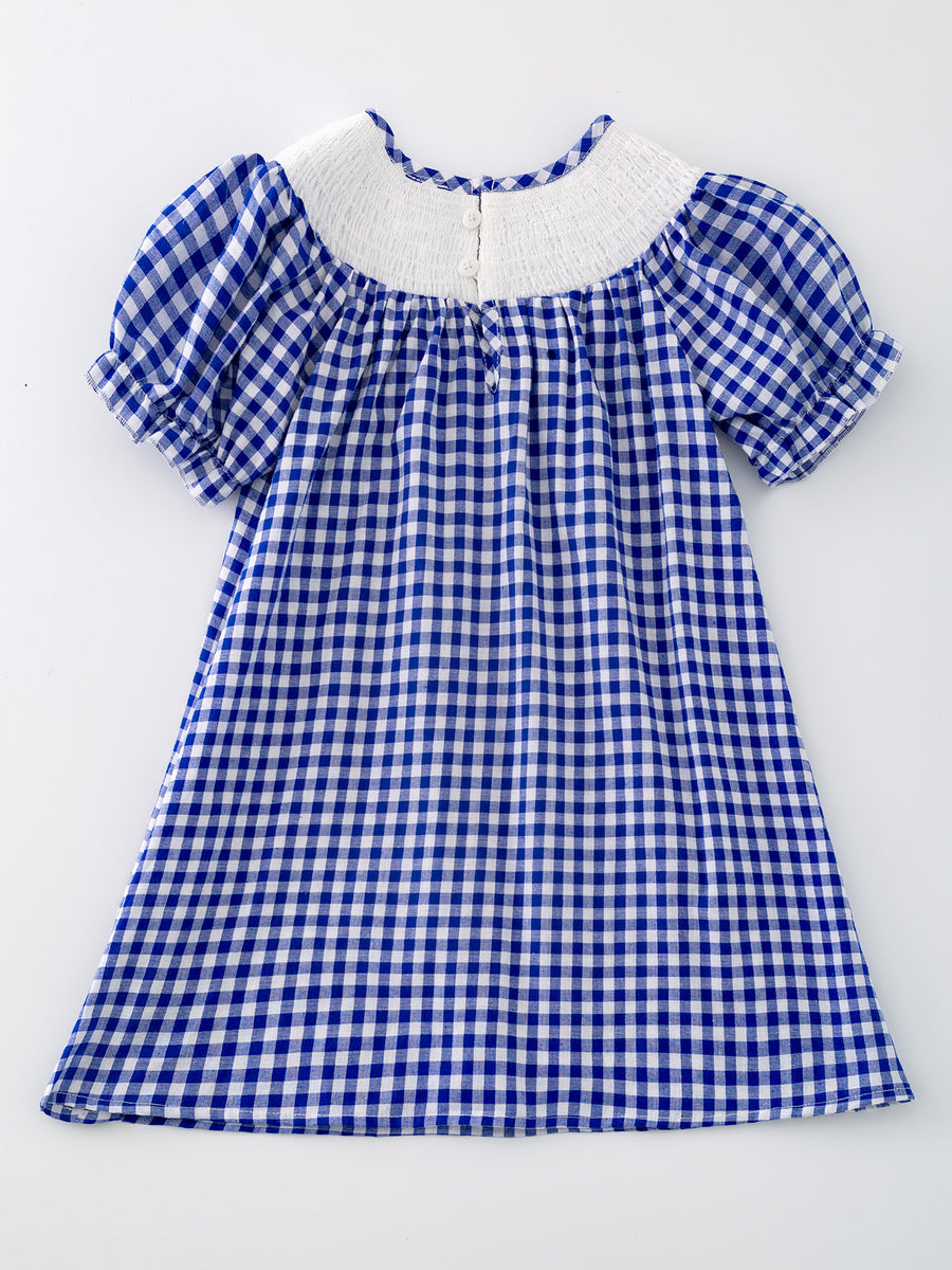 4th of july USA Embroidered Smocking Blue White Plaid Girls' Dress